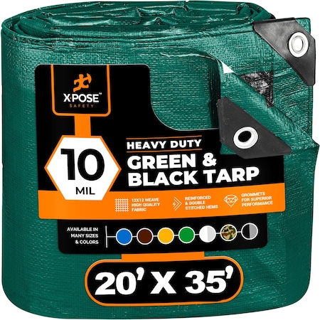 Heavy Duty Poly Tarp 20' X 35' -10 Mil Waterproof Green And Black - Grommets Reinforced Edges